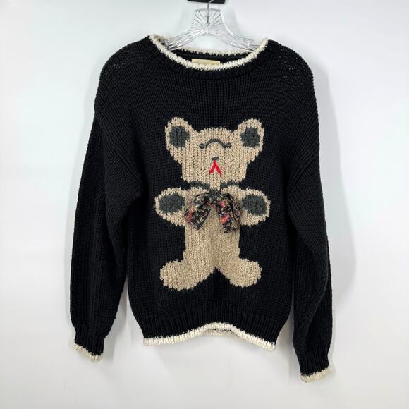 Vintage Evian II Teddy Bear Sweater Small Hand Knit Chunky 80s 90s Bow Preppy - Picture 1 of 7